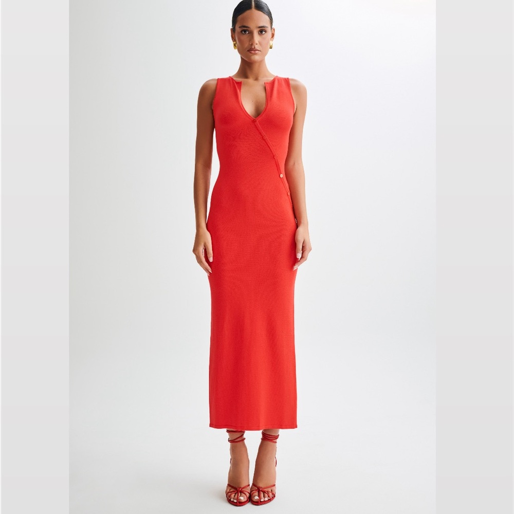Meshki Red Sleeveless Buttoned Knit Maxi Dress